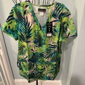 NEW Planet Koi Breezy Palm Womens scrub top Small S Isla Lime Green Navy FLAW